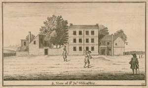 Utsikt over Sir John Oldcastle Tavern and Garden, i Cold Bath Fields av English School