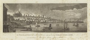 En utsikt over en del av London slik den så ut i den store brannen i 1666 av English School