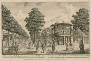 En utsikt over Vauxhall Gardens, London, som viser den store vandringen ved inngangen til Garden og orkesteret med musikken som spilles av English School