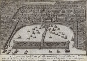 En utsikt over byen og havnen i Alexandria og Isle of Pharos, Egypt, 1738 av English School