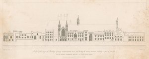 En utsikt over rekkevidden av bygningen ved siden av Westminster Hall og foran Themsen av English School