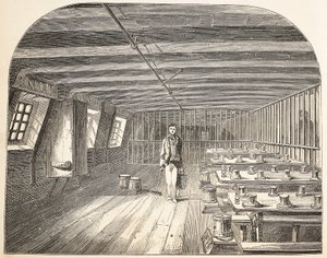 En avdeling om bord på Defense Hulk sørget for retur av domfelte til middag, illustrasjon fra The Criminal Prisons of London og Scenes from Prison Life av Henry Mayhew og John Binny, pub. 18 av English School