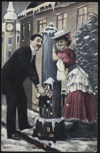 Et velkledd par avbildet leende av English School