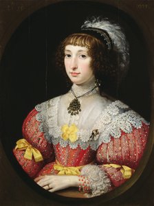 En ung dame med en plymert hodeplagg av English School