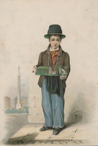 En ung gutt avbildet holder et bur som inneholder hvite mus av English School