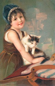 En ung jente poserer med en katt av English School