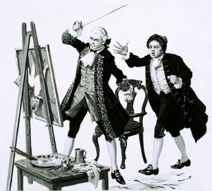 En ung mann kuttet et lite flatterende portrett av sin far av Hogarth med et sverd (gouache på papir) av English School