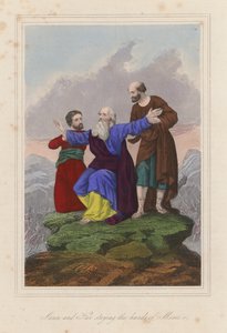 Aron og Hur holder Moses#39; hender tilbake (farget gravering) av English School