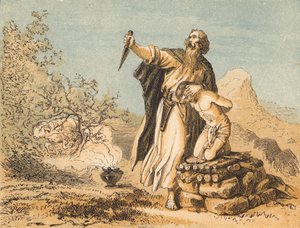 Abraham ofrer Isak (farget gravering) av English School