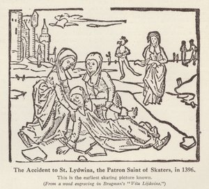 Ulykke med St Lydwina, skytshelgen for skatere, i 1396 (litho) av English School