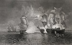 Handling mellom Bonhomme Richard og Serapis, 23. september 1779 (gravering) av English School