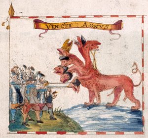 Legge til. 12447, f.23v Parlamentariske soldater som angriper apokalypsens beist, fra 