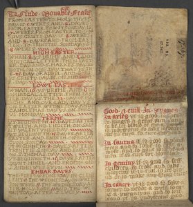 Legge til. 17367, f.1r fra almanakk, inneholdende tabell med dominiske bokstaver og gylne tall; veibeskrivelse for å finne de bevegelige festene; helgenkalender, epoker, liste over engelske suverene, værprognoser, påvirkning av dyrekretsens tegn (vellu av English School