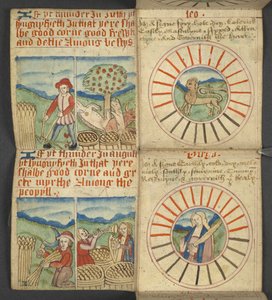 Legge til. 17367, f.6r Leo & Jomfruen, fra Almanac, som inneholder tabell med dominiske bokstaver og gylne tall; veibeskrivelse for å finne de bevegelige festene; helgenkalender, epoker, liste over engelske suverene, værprognoser, påvirkning av tegnene til av English School