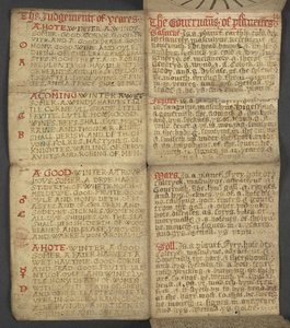 Legge til. 17367, f.9r fra almanakk, inneholdende tabell med dominiske bokstaver og gylne tall; veibeskrivelse for å finne de bevegelige festene; helgenkalender, epoker, liste over engelske suverene, værprognoser, påvirkning av dyrekretsens tegn (vellu av English School