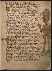 Randbild eines grinsenden Skeletts, das winkt und einen hohen Hut trägt, Illustration zu 