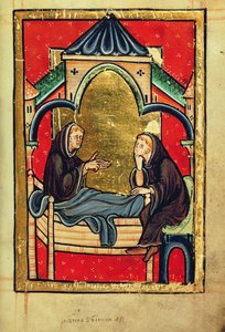 Adăugați 39943 f.21 Boisil, priorul lui Cuthbert la Melrose, pe patul de moarte, din „Viața și miracolele Sfântului Cuthbert” de Bede, latină (Durham) (vellum)norvegiană av English School