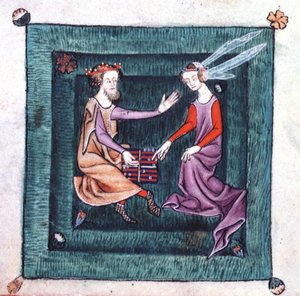 Legg til 42130 fol.76v En konge og dame som sitter i en hage og spiller et brettspill som ligner backgammon, fra Luttrell Psalter, startet før 1340 for Sir Geoffrey Luttrell (vellum) av English School