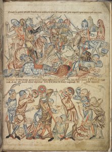 Legg til 47682 f.40 jevnaldrende og vanlige som kjemper ved Bannockburn-slaget, fra 'Holkham Bible', ca. 1320-30 (vellum) av English School