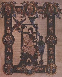 Tillegg 34890, f.114v: St. Johannes evangelisten, fra Grimbald-evangeliene, ca. 1020 (vellum) av English School