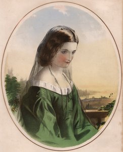 Adele - trist utseende jente i grønn kjole, iført svart slør (farge litho) av English School