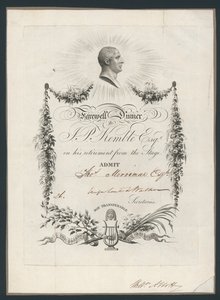 Adgangsbillett til middag for å feire John Kembles farvel til scenen, 1819