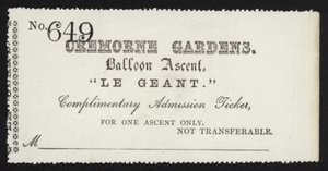 Inngangsbillett for bestigning av ballongen Le Geant fra Cremorne Gardens, London av English School