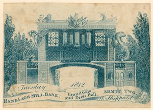 Adgangsbillett til en storslått galla og dressball i Ranelagh Gardens, Millbank, London. 1812 av English School