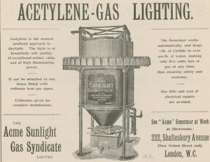 Annonse for acetylen-gassbelysning av English School