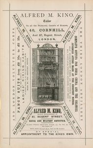 Annonse for Alfred M Kino, skredder, 40 Cornhill og 87 Regent Street, London av English School