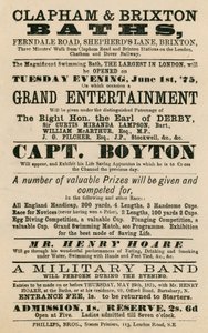 Annonse for Clapham og Brixton Baths, Ferndale Road, Shepherds Lane, Brixton, London; med kaptein Boyton av English School