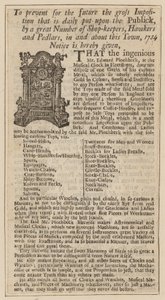Annonse for Edward Pinchbeck, Musical Clock, Fleet Street, London, fra 1734 av English School