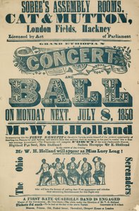 Annonse for Grand Ethiopian Concert and Ball, 8. juli 1850, i Sobees Assembly Rooms av English School