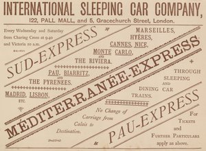 Annonse for International Sleeping Car Company, 122 Pall Mall og 5 Graceshurch Street, 1888 av English School