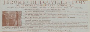 Annonse for Jerome Thibouville-Lamy, 10 Charterhouse Street, London, instrumentmaker av English School