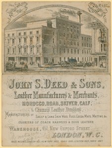 Annonse for John S Deed & Sons, lærprodusenter og -handlere, 451 New Oxford Street, London av English School