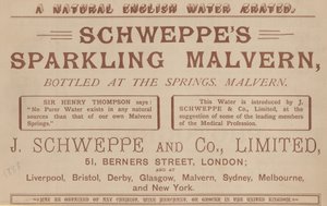 Annonse for Schweppes Sparkling Malvern, tappet på kildene, Malvern av English School