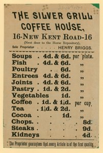 Annonse for The Silver Grill Coffee House, 16 New Kent Road, London av English School
