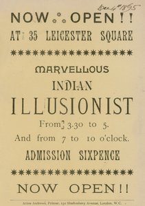 Annonse etter en indisk illusjonist som dukker opp på 35 Leicester Square, London av English School