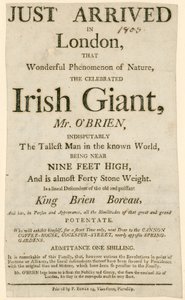 Annonsere for en opptreden av Charles Byrne, alias OBrien the Irish Giant, den høyeste mannen i den kjente verden av English School