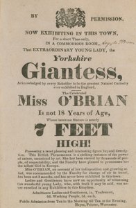 Annonsere for en opptreden av frøken OBrian, Yorkshire-kjempen av English School