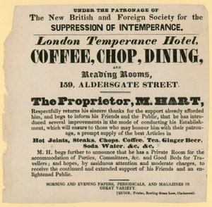 Annonse for London Temperance Hotel, under beskyttelse av New British and Foreign Society for the Suppression of Inmperance av English School
