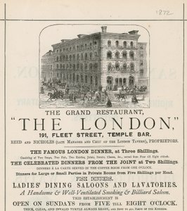 Annonse for den store restauranten The London, 191 Fleet Street, Temple Bar av English School