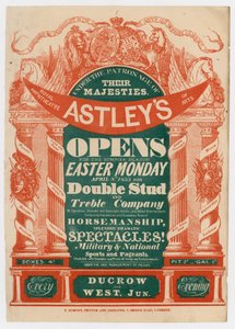 Annonse for Astleys Amphitheatre, åpning for sommersesongen, 8. april 1833 av English School