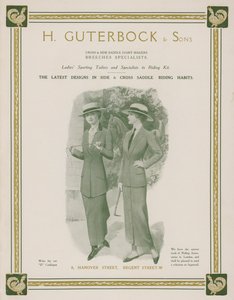 Annonse for H Guterbock & Sons, sportsskredere for damer og spesialister på ridesett (farge litho) av English School