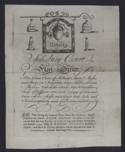 Annonse for Roberts, tøyhandlere, Salisbury Court, Fleet Street, London, hvor Dr Anthony Daffy forberedte sin Elixir Salutis (gravering) av English School