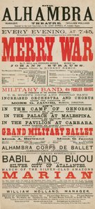 Reklame for Royal Alhambra Theatre, med Merry War av F Bell og Richard Genee med musikk av Johann Strauss av English School