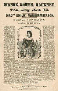 Annonse for utseendet til Mademoiselle Emile Vandermeersch, Oiseaux Merveilleux på Manor Rooms, Hackney, London av English School