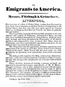 Annonse for pakkesendinger til Amerika, 1839 (trykt papir) av English School