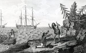 Påvirkende intervju av to Mokito Men, illustrasjon hentet fra Moores Voyages and Travels, 1778 av English School